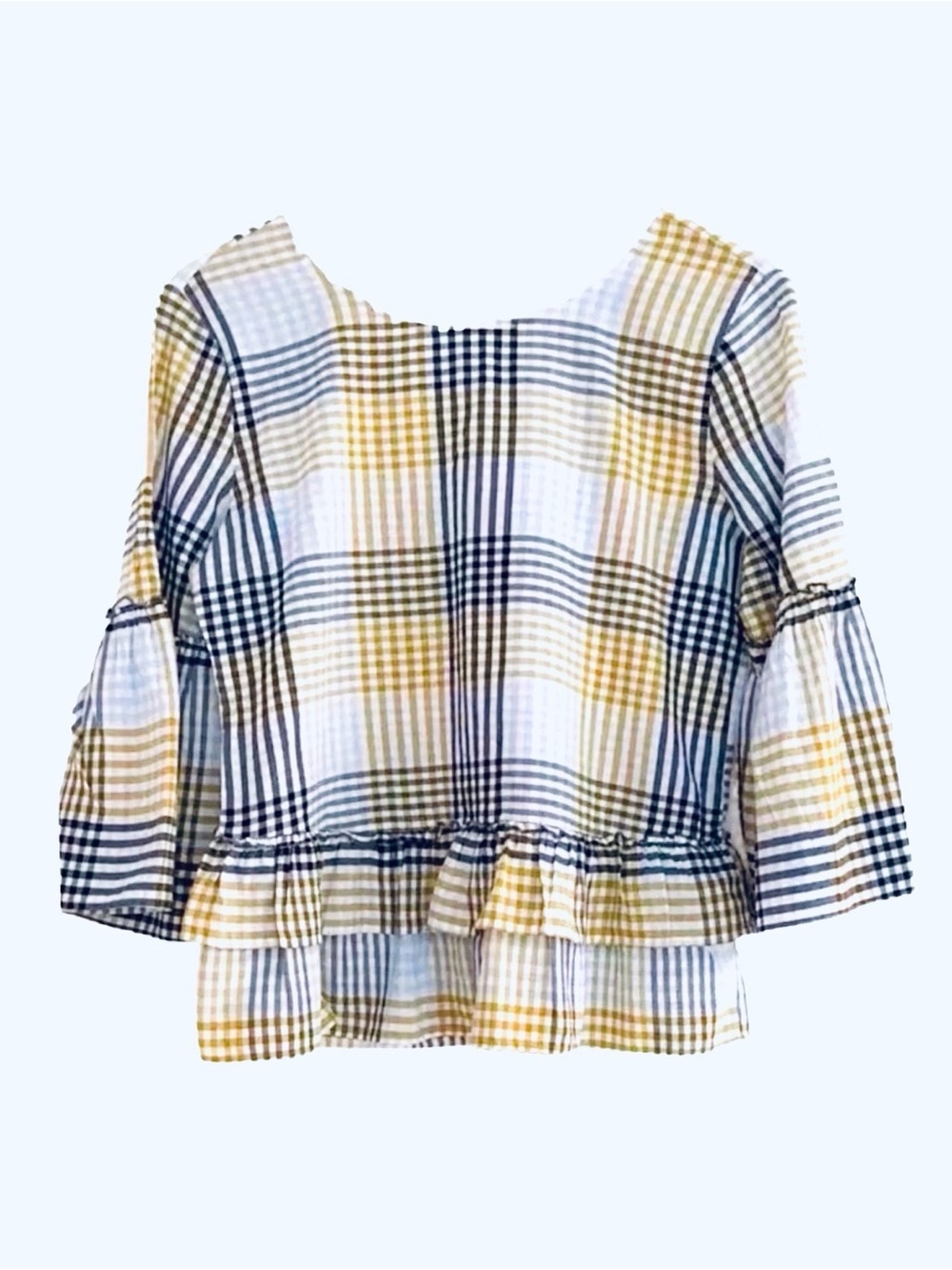 Ann Taylor Factory Plaid Bell Sleeve Ruffle Blouse Size S - Picture 9 of 10